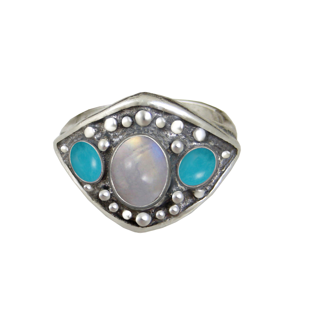 Sterling Silver Medieval Lady's Ring With Rainbow Moonstone And Turquoise Size 7